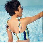 Aerie  Ribbed Long Line Bandeau Bikini Top Ruched Striped Blue Yellow Size M NEW Photo 2