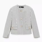 ZARA Cream White Striped Long Sleeve Gold Button Down Crop Blazer Coat Jacket S Photo 10