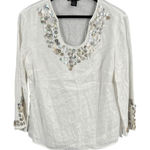 Carole Little White Linen Top Button Embellished Shell Buttons Scoop Neck Size S Photo 0