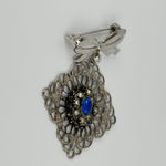 Vintage Silver Tone Bow Dangle Brooch Filigree Blue Cabochon Rhinestones Photo 2