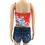 VINTAGE Y2K MEDIUM Red Floral Hawaiian Hula Tropical Button Front Crop Top Photo 3
