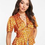 Topshop  angel sleeve button through rose print satin tea top in orange - Size 6 Photo 0