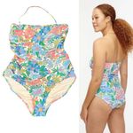 J.Crew  Floral Bandeau Swimsuit size 12 Blue Multi Removable Halter Photo 1