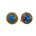 Vintage Peacock Aurora Borealis AB Rhinestone Gold Medallion Costume Earrings Photo 4
