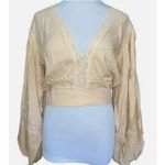 BOG Band of the Free Brie Light Camel Long Sleeve Top Lace Insets V Neck Small Brown Photo 2