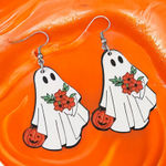 White Ghost Pumpkin Pattern Dangle Halloween‎ Earrings Wooden Jewelry Photo 0