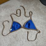 Aerie  Blue Floral Bikini Top With Gold Trim. Size Large Photo 2