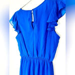 Timing  Blue Sheer Ruffle Sleeve Dress Flowy Pleated Front Photo 7