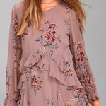 ASTR  the Label Heather Mauve Floral Print‎ Long Sleeve Sheer Ruffle Small Dress Photo 0