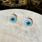 Evil Eye Shell And Turquoise solid Sterling Silver Stud Earrings Blue Photo 1