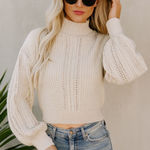 Blue Blush Size S Balloon Sleeve Mock Neck Sweater Cream Beige Knit Cozy Crop Photo 0