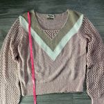 Show Me Your Mumu  Pink Brown Knit Crochet Bubbly Sleeve V Neck Sweater Size S Photo 6