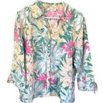 JM Collection  100% Linen Tropical Floral Button Up Green Pink 3/4 Sleeve - Sz 14 Photo 0