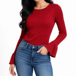 Catherine Malandrino Women's  Red Ribbed Bell Sleeve Crew Neck Sweater L Photo 0