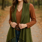 Silver Jeans Co. Olive Green Knit Fringe Vest | Open Front Boho Sweater Cardigan Photo 0