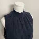 Sundays  Top Gauze Cropped Mock Neckline Smocked Waist Quiet Luxury Navy Blue Photo 2