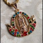 Multi Color Crystal Virgin Mary Guadalupe Pendant Necklace Gold Plated Steel Photo 1