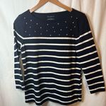 Talbots NWOT  Stripe W/ Pearl Embellishment 3/4 Sleeve Navy & White Cotton Size M Photo 1