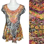 Y2K Multicolor Embellished Paisley Going Out Top. Sz S Burnout Hippie Boho Retro Orange Photo 1