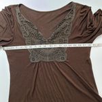 Dark brown crocheted lace bib front elbow puff sleeve top Size L Photo 5
