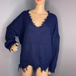 Main Strip V Neck Frayed Sweater Dark blue Size Large Photo 2