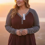 BLOOMCHIC Burgundy Gray Waffle Knit Henley Tunic Top Plus Size 22 24 Brown Photo 0
