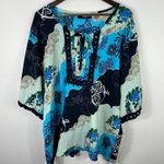 Denim 24/7 Peasant Blouse Women 3X Tie Neck Boho Floral Patchwork Cottage Artsy Blue Photo 0