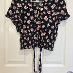 American Rag Floral Button Up Tie Front Top Black Pink White Medium Photo 0