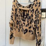 HYFVE  Tan and Black Fuzzy Off Shoulder Cropped Open Back Leopard Sweater SzSmall Photo 3