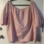 The Loft Plus Size 20 Pink/White Striped Off Shoulder Puff Sleeve Cropped Blouse Photo 1