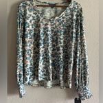 Democracy Long Cuffed Sleeve V-Neck Abstract Teal Multi Printed Knit Top XL Photo 2