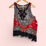 Cute flowy ruffle boho paisley tie neck sleeveless top preppy coastal swingy Blue Size M Photo 1