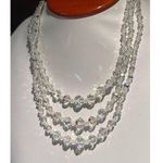 Vintage 50's Triple Strand Aurora Borealis Glass Bead Necklace Faceted Beads Silver Photo 0