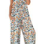 Fantaslook Orange Blue Floral Print Wide Leg Jumpsuit Size M Photo 4