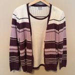 Alfred Dunner Women’s Size XL Faux Twinset Sweater Purple White Striped Cardigan Brown Photo 1