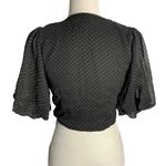 Peach Puff  Cropped Polka Dot Top S Black V Neck Buttons Tie Elastic Sleeve Photo 3