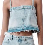 ZARA NWT Cropped Denim Jean Top Distressed w/ Spaghetti Straps Light Blue Wash Photo 0