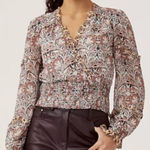 Anthropologie Paisley Print Faux Wrap Smocked Top small boho workwear layered Photo 0