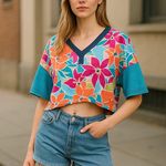 Free People NWT  Floral Striped Collared On A Boat Boxy Crop Polo Shirt Photo 0