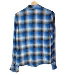 BCBG Maxazria Blue Plaid Ruffle Neck Silk Long Sleeve Top M Photo 1