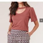 Democracy  Women’s Short Puff Sleeve Crewneck Crochet Cutout Knit Top, L Photo 0