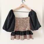 Anthropologie La Ven Smocked Bodice Blouse in Tan & Black Speckle Print - Size M Photo 5