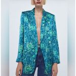 ZARA  Floral Satin Blazer Jacket Women Small Blue Paisley Eclectic Art To Wear Photo 1