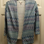 Chico's  Size Small (0) Blue Purple Metallic Thread Geometric Open Front Cardigan Photo 0