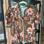 Entro  ruffle blouse floral puff short sleeve neck mock pink thanksgiving top Photo 11