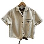 Cabin creek  Linen Blend Zebra Embroidered Button Front Waist Tie Top Large Y2K Photo 0