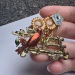 Cardinal Red Bird With Sunflowers & Birdhouse Gold Tone Enamel Brooch Pin Photo 6