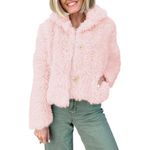 Cropped Faux Fur Coat Medium Pink Pockets Button Down Fluffy Jacket Plush NEW Photo 1