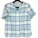 L.L. Bean Womens Popover Linen Blend Blue Madras Plaid Shirt medium Short Sleeve Photo 1