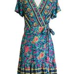 Zesica Blue Pink Floral Short Sleeve V Photo 1